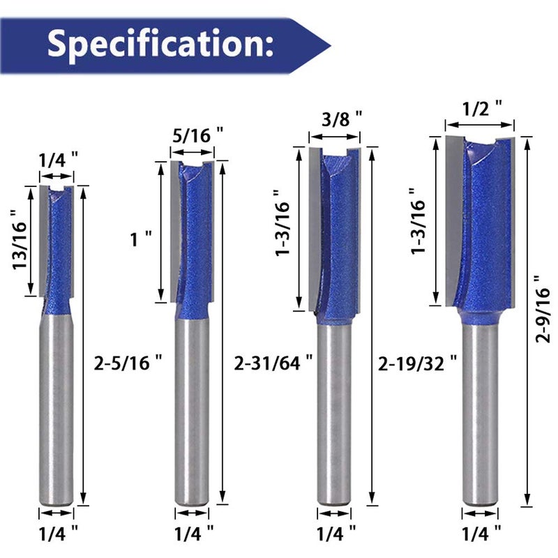 Wolfride 4pcs Straight Cut Router Bits 1/4-Inch Shank Double Flute Straight Router bit Set - Image 2