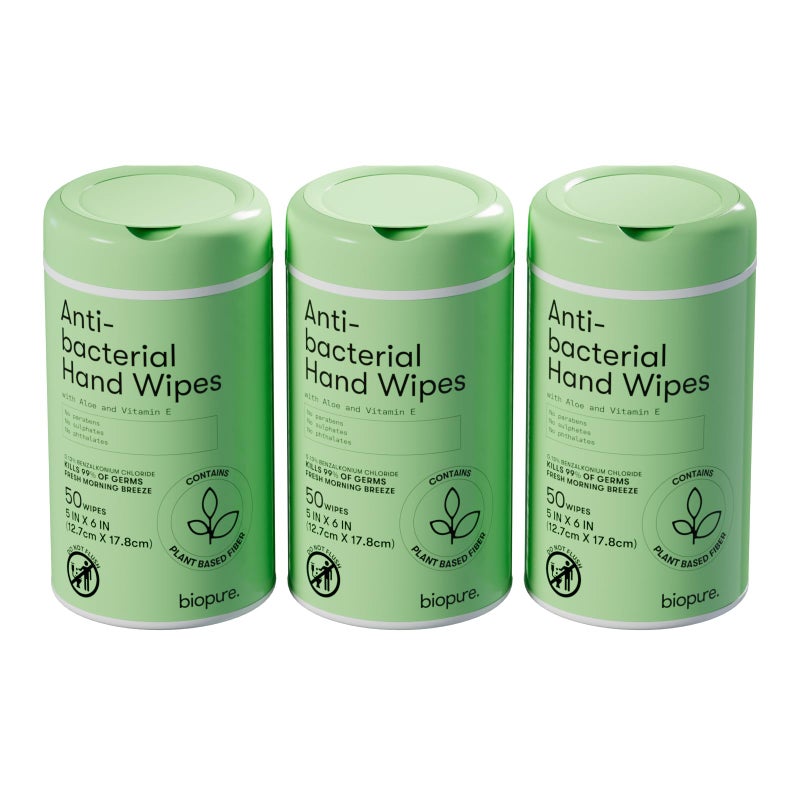 Biopure Antibacterial Hand Wipes Fresh Morning Breeze- Antibacterial Wipes with Aloe and Vitamin E Formula | 5"x7" Wet Wipes Canister | No Parabens, Sulfates or Phthalates, Kills 99% of Germs, 150 ct - Image 1