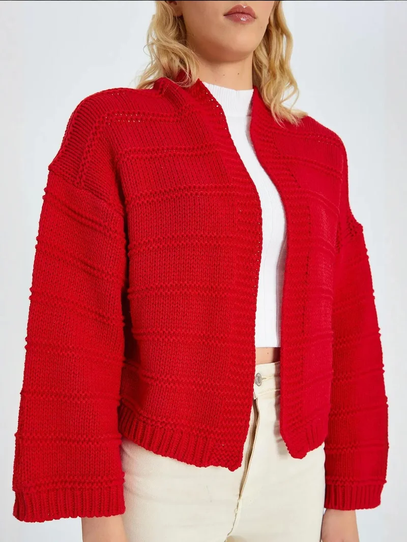 MixRay Red Mixray V-Neck Ribbed Knit Cardigan for Women | Best Price UAE