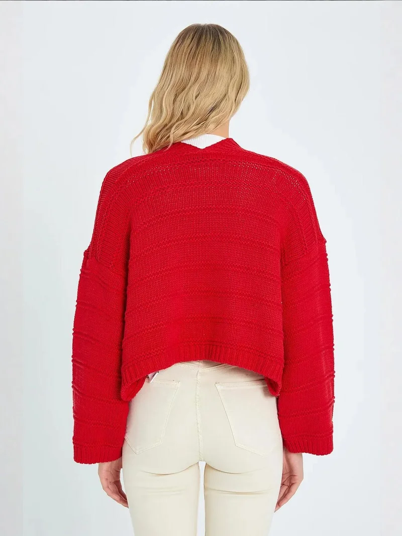 MixRay Red Mixray V-Neck Ribbed Knit Cardigan for Women | Best Price UAE