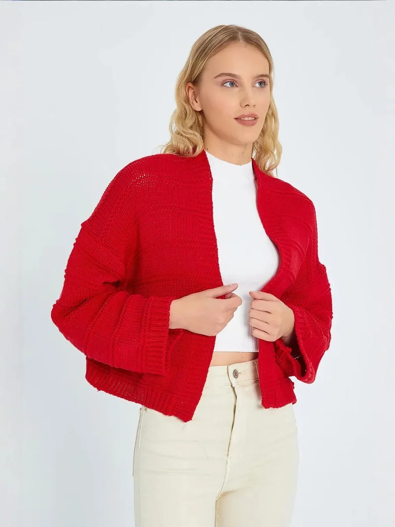 MixRay Red Mixray V-Neck Ribbed Knit Cardigan for Women | Best Price UAE