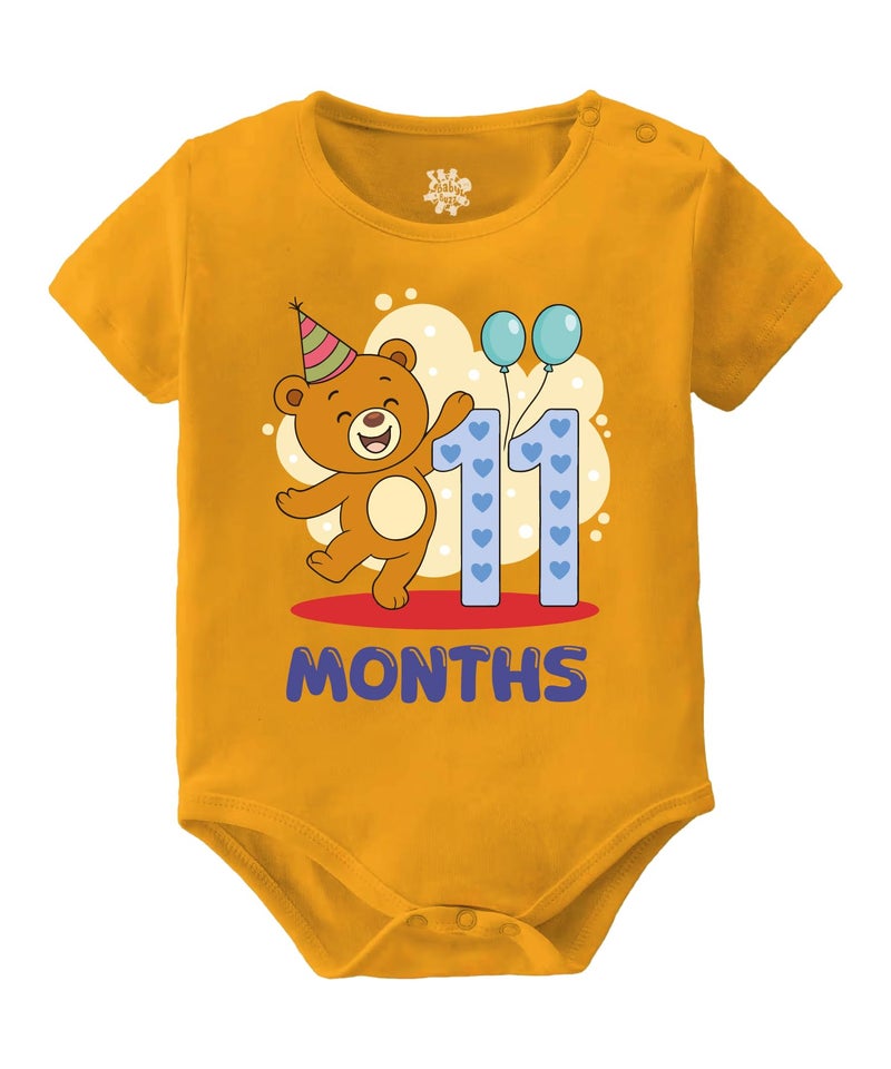 Baby Buzz Monthly Birthday Teddy Theme Romper | New Born Baby Boy Girl Birthday Dress 100% Cotton Bodysuit | Monthly Birthday Photoshoot Probes (11 Months, Yellow, 6-12 Months) - Image 1