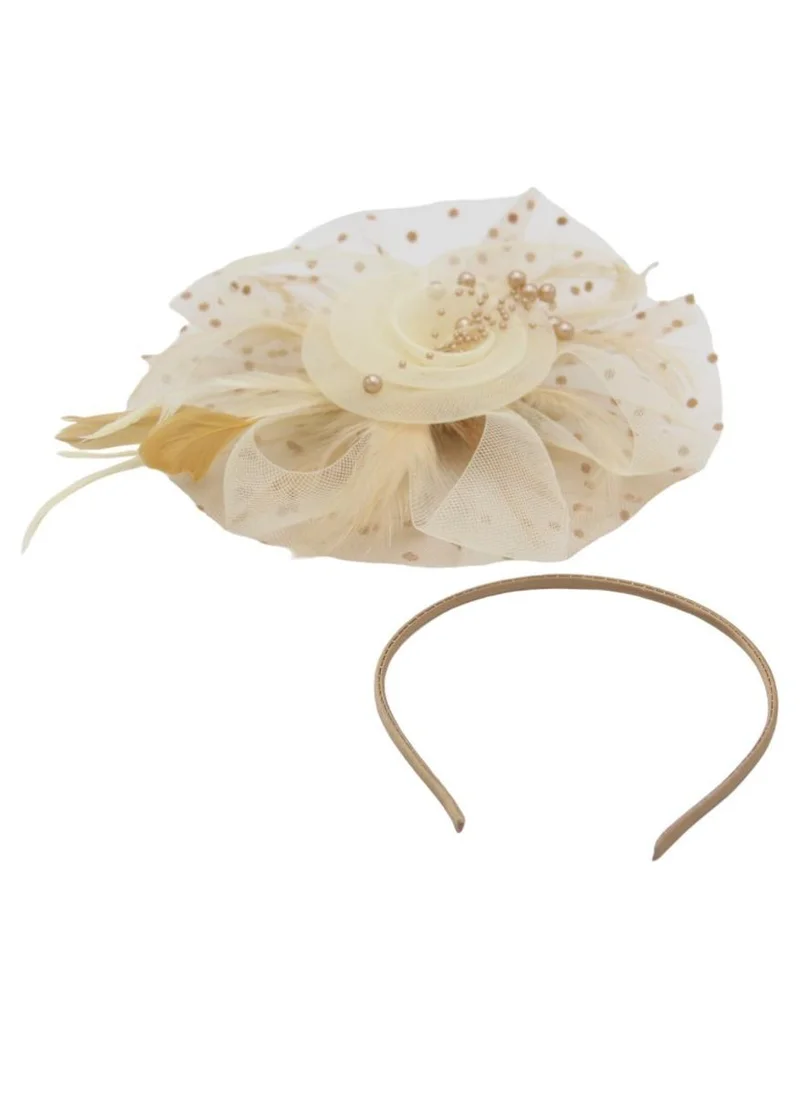 D'Daniela Ddaniela Monalisa Fascinator Hats for Women Tea Party Headband,  Hat Flower Mesh Ribbons Feathers on a Headband and a Clip Tea Party Headwear for Girls and Women Beige with Brown
