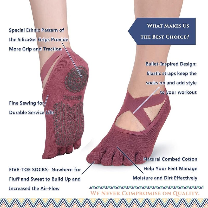 Ozaiic Yoga Socks for Women with Grips, Non-Slip Five Toe Socks for Pilates, Barre, Ballet, Fitness - Image 3