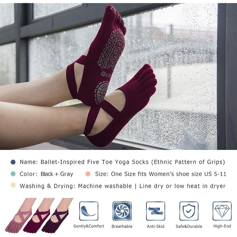 Ozaiic Yoga Socks for Women with Grips, Non-Slip Five Toe Socks for Pilates, Barre, Ballet, Fitness - Image 2