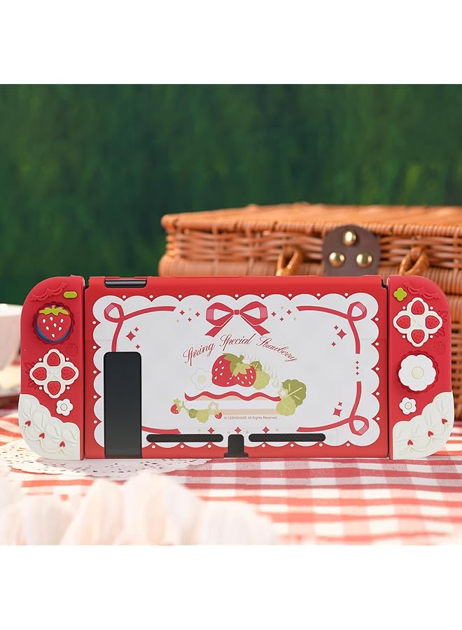 GEEKSHARE Protective Case For Switch Slim Cover Case Compatible With Nintendo Switch Separable Soft Silicone Protective Shell For Joy Con With 2 Thumb Grip Caps Spring Special Strawberry - Image 5