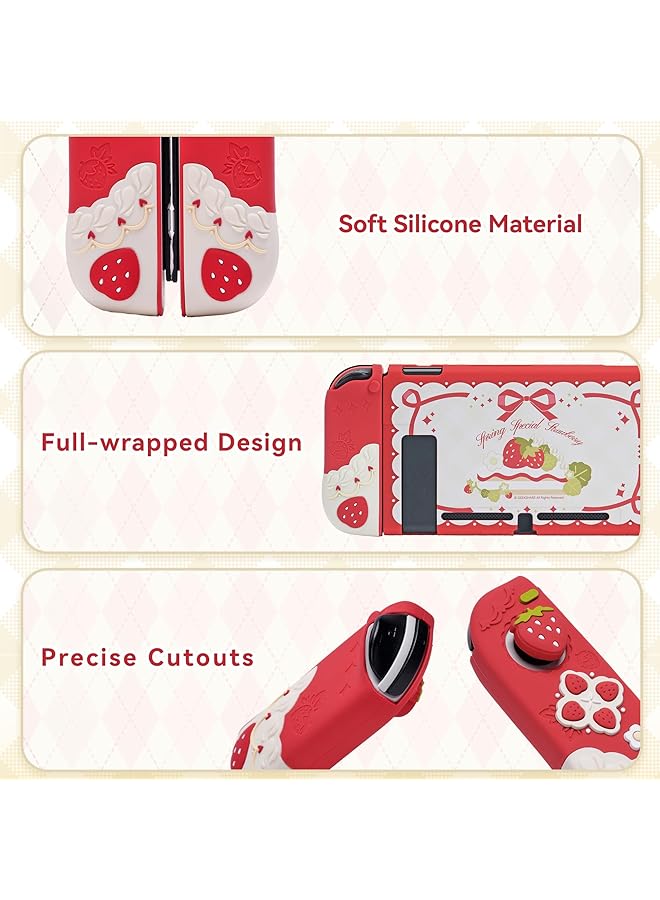 GEEKSHARE Protective Case For Switch Slim Cover Case Compatible With Nintendo Switch Separable Soft Silicone Protective Shell For Joy Con With 2 Thumb Grip Caps Spring Special Strawberry - Image 3