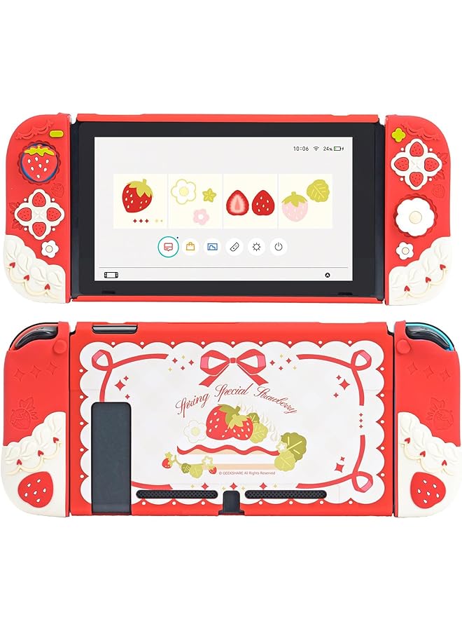 GEEKSHARE Protective Case For Switch Slim Cover Case Compatible With Nintendo Switch Separable Soft Silicone Protective Shell For Joy Con With 2 Thumb Grip Caps Spring Special Strawberry - Image 1