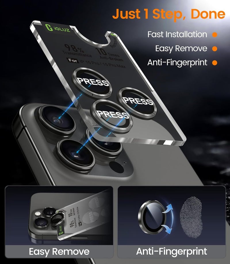 iGluz 2 Pack Anti-Reflection Camera Lens Protector for iPhone 15 Pro/iPhone 15 Pro Max [Anti-fog Coating][1-Step Installation Tray][Strong Adsorption] 9H Shatterproof Tempered Glass-Black Titanium - Image 5