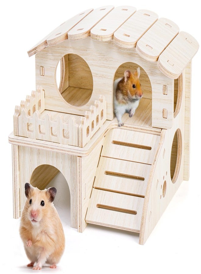 WRINGKIT Wood Hamster House, Maze Hamster Hideout, Fun Slide Gerbil House with Window, Detachable Double Decker Hut for Hamster Dwarf Mice Mouse Small Animals - Image 1