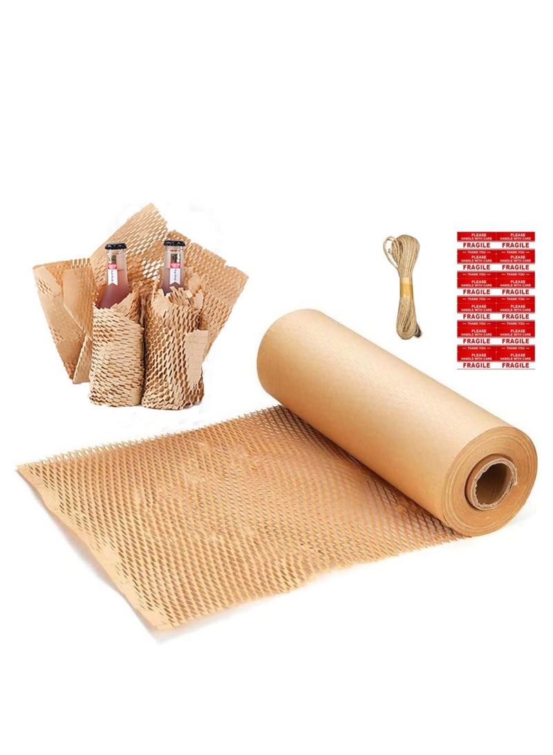 ورق تعبئة 12 × 32.8' لفة تغليف وسادة شبيهاً بقرص العسل - صديق للبيئة Kraft تعبئة شحن الانتقال باللون البني مع 12 ملصق هش قابلة للتحلل وحبل - Image 1