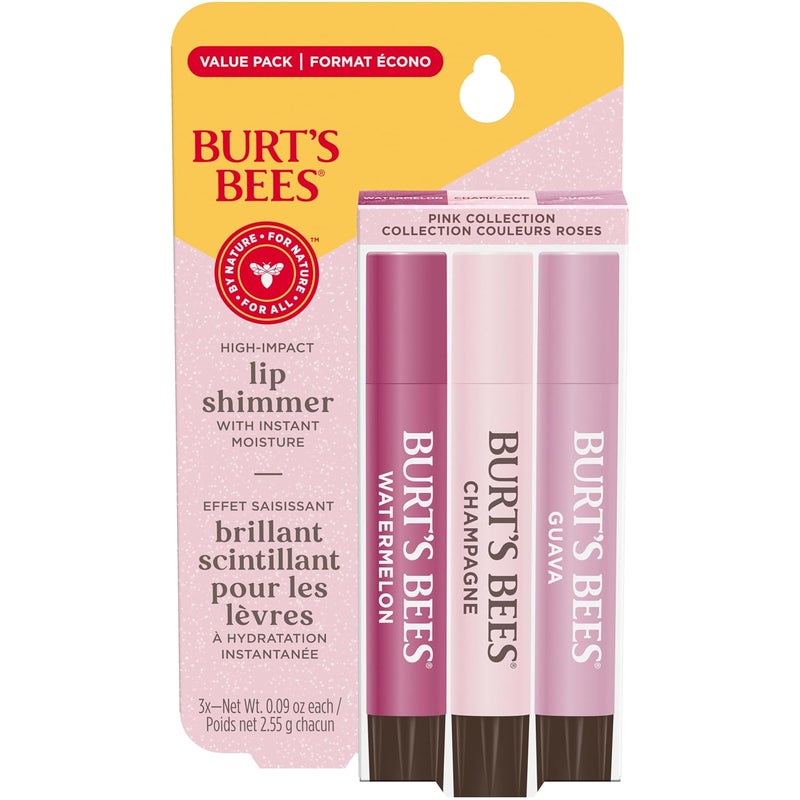 Burt's Bees مجموعة برتس بيز لشفاه اللمعان باللون الوردي بلسم شفاه ملون مرطب للاستخدام طوال اليوم مع لمسة طبيعية لامعة وملونة قابلة للبناء 3 درجات عبوة قيمة 3 أنابيب × 009 أونصة