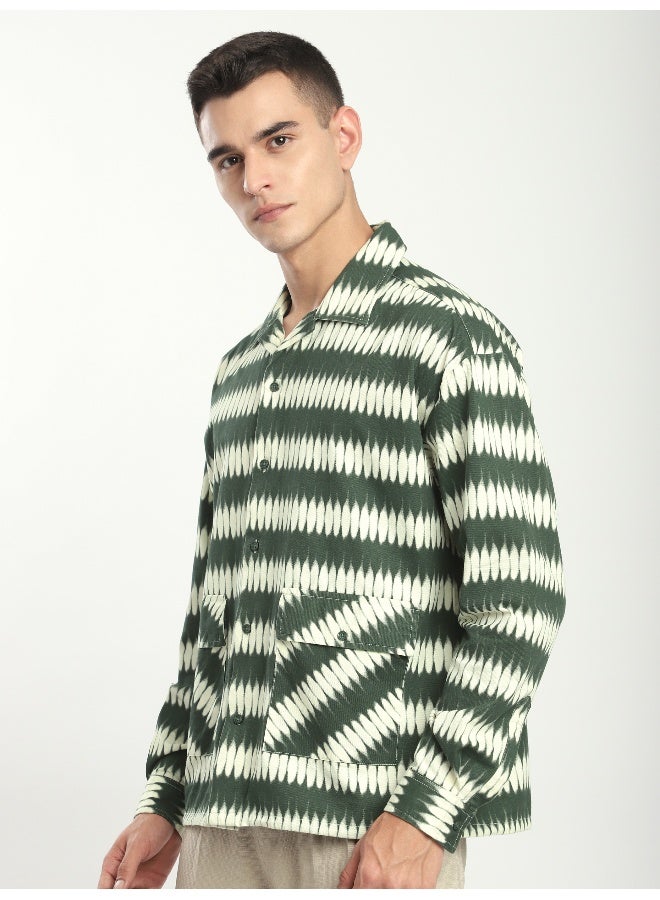 Beyoung Green Dual Pocket Abstract Printed Overshirt  - Image 4