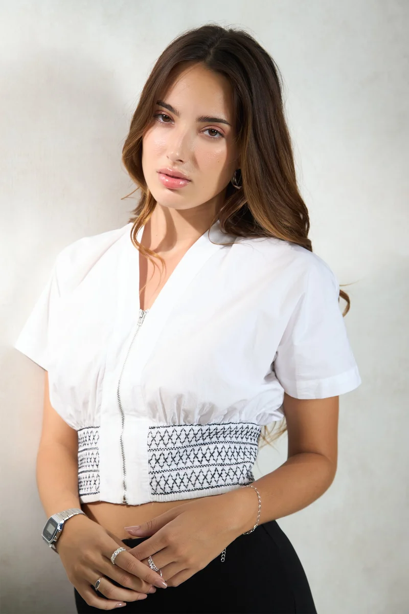 Virgio Solid Cotton Smocked Waist Top for Women