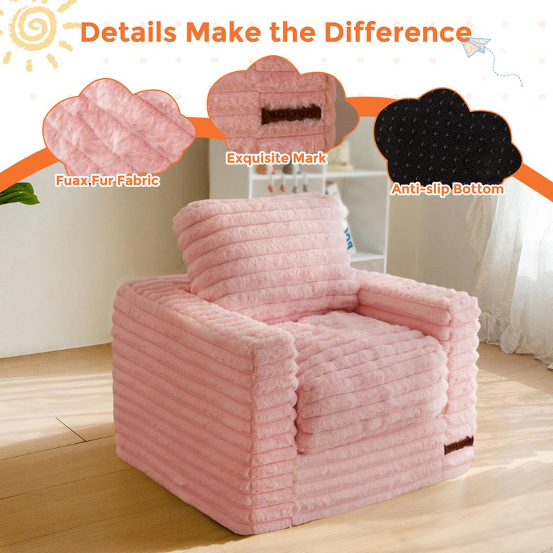 MAXYOYO Kids Bean Bag Chair, Comfy Faux Fur Bean Bag Sofa with Filler, Upholstered Floor Sofa with Pillows and Armrests, Lazy Floor Chair Couch for Boys and Girls, Pink - Image 4