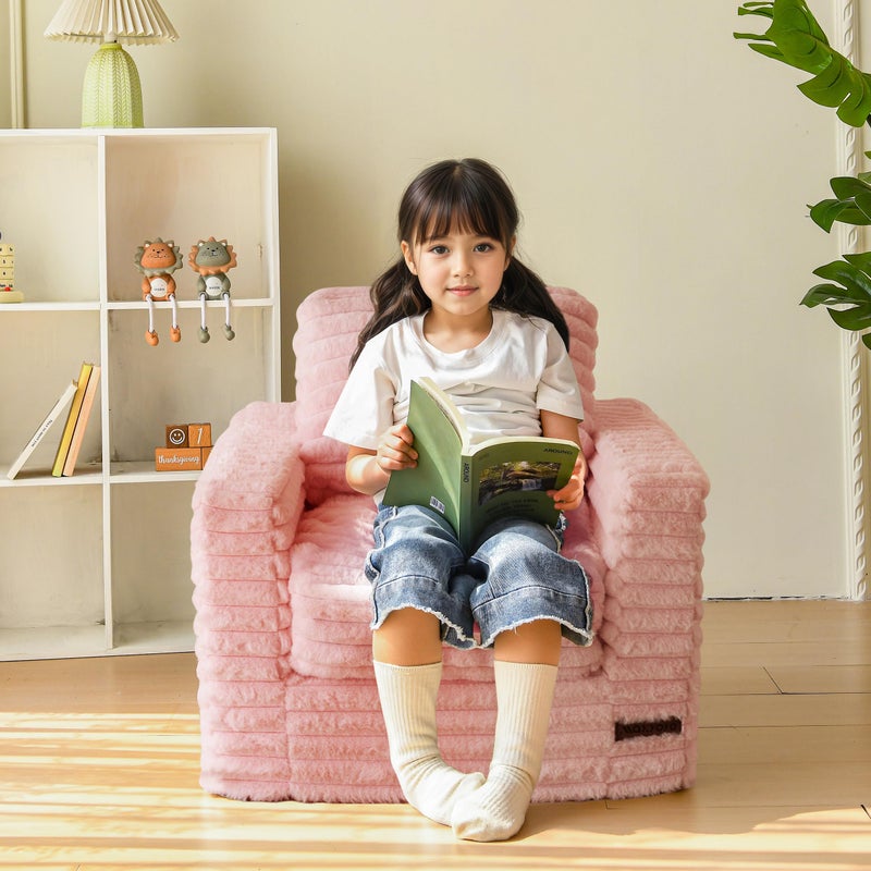 MAXYOYO Kids Bean Bag Chair, Comfy Faux Fur Bean Bag Sofa with Filler, Upholstered Floor Sofa with Pillows and Armrests, Lazy Floor Chair Couch for Boys and Girls, Pink - Image 3