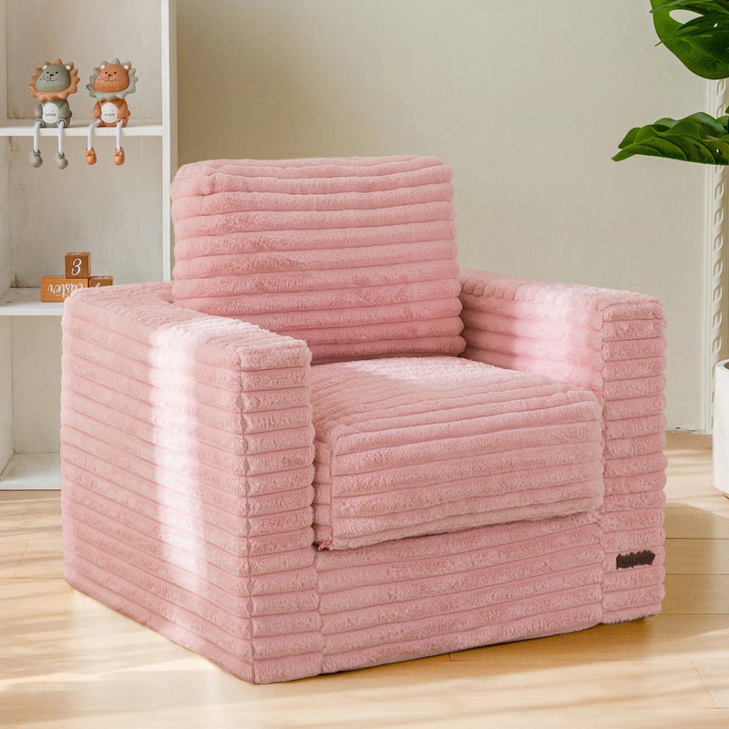 MAXYOYO Kids Bean Bag Chair, Comfy Faux Fur Bean Bag Sofa with Filler, Upholstered Floor Sofa with Pillows and Armrests, Lazy Floor Chair Couch for Boys and Girls, Pink - Image 1