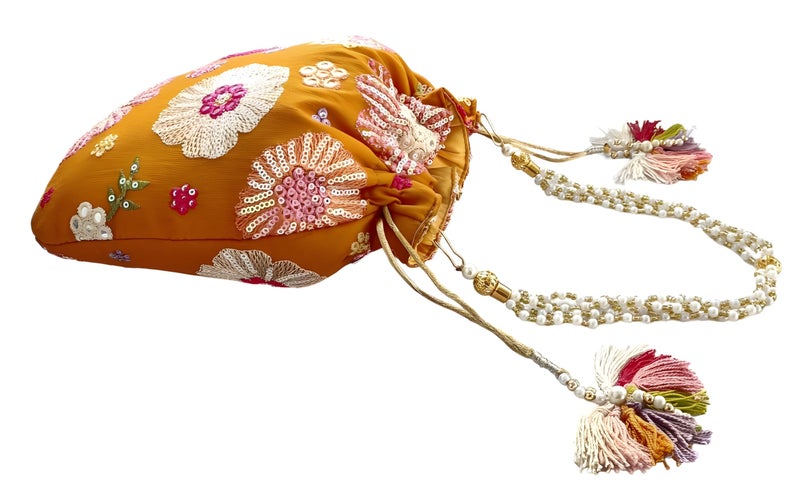 DUCHESS Women's Embroidered Polti Bag with Pearl Handle and Tassel - Bridal Ethnic Traditional Casual Purse/Clutch/Handbag, (21 L X 2 W X 23 H C, Mustard Yellow) - Image 4