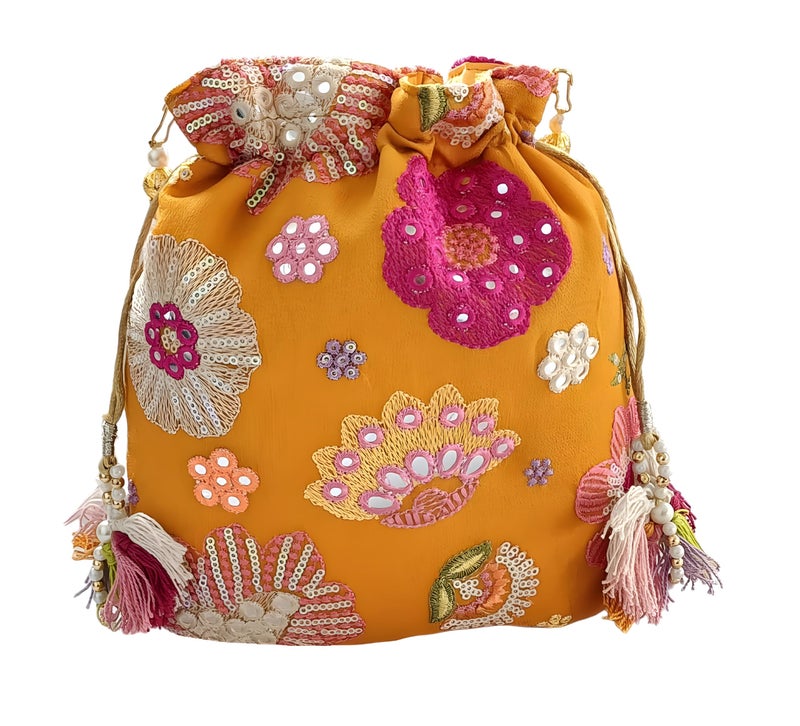 DUCHESS Women's Embroidered Polti Bag with Pearl Handle and Tassel - Bridal Ethnic Traditional Casual Purse/Clutch/Handbag, (21 L X 2 W X 23 H C, Mustard Yellow) - Image 1