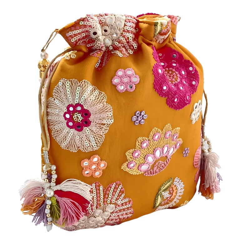 DUCHESS Women's Embroidered Polti Bag with Pearl Handle and Tassel - Bridal Ethnic Traditional Casual Purse/Clutch/Handbag, (21 L X 2 W X 23 H C, Mustard Yellow) - Image 2