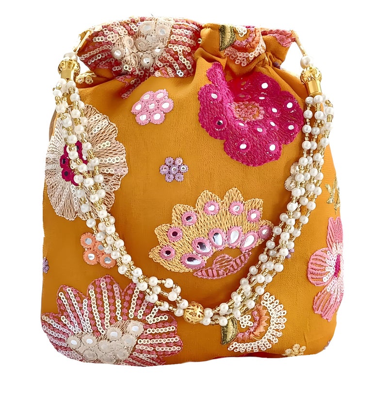 DUCHESS Women's Embroidered Polti Bag with Pearl Handle and Tassel - Bridal Ethnic Traditional Casual Purse/Clutch/Handbag, (21 L X 2 W X 23 H C, Mustard Yellow) - Image 3