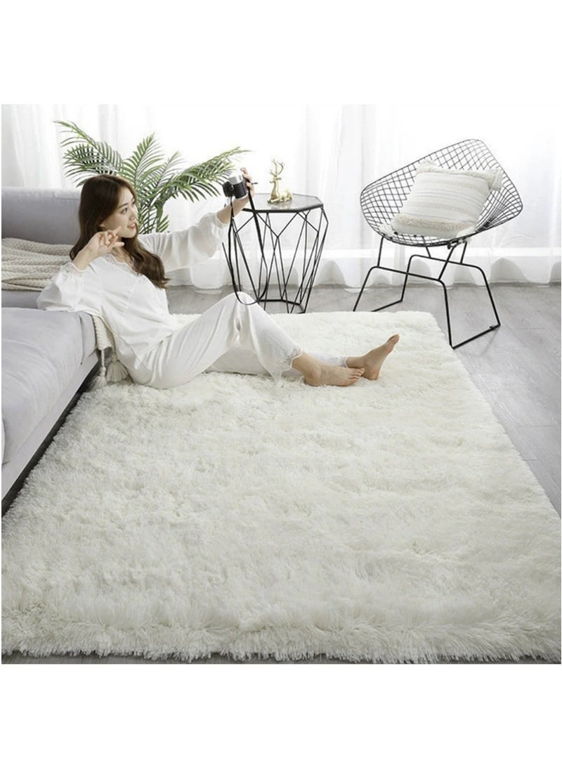 TAPIT 200x300cm Large Plush Area Rug for Bedroom Bedside Living Room, Washable Carpet Mat for Sofa Coffee Table, Bedside Non-Slip Plush Floor Mat, Bay Window Long Furry Carpet (White) - Image 1