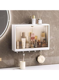Hihonor Bathroom Shelf Wall Mounted,Bathroom Organizers and Storage, 2-Tier Over The Toilet Storage Rack, Kitchen Cabinet Cosmetics Makeup Organizer w/Door&Hooks,Utility Shelves for Bathroom Kitchen  - Image 1
