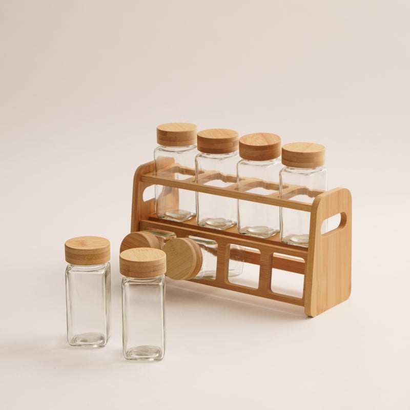 ALBERTO 8Pcs glass spice jar and bamboo rack set with bamboo lid - Image 2