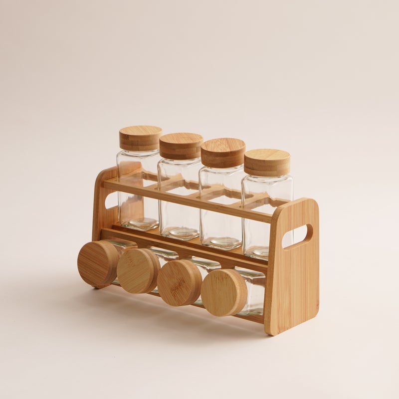 ALBERTO 8Pcs glass spice jar and bamboo rack set with bamboo lid - Image 1