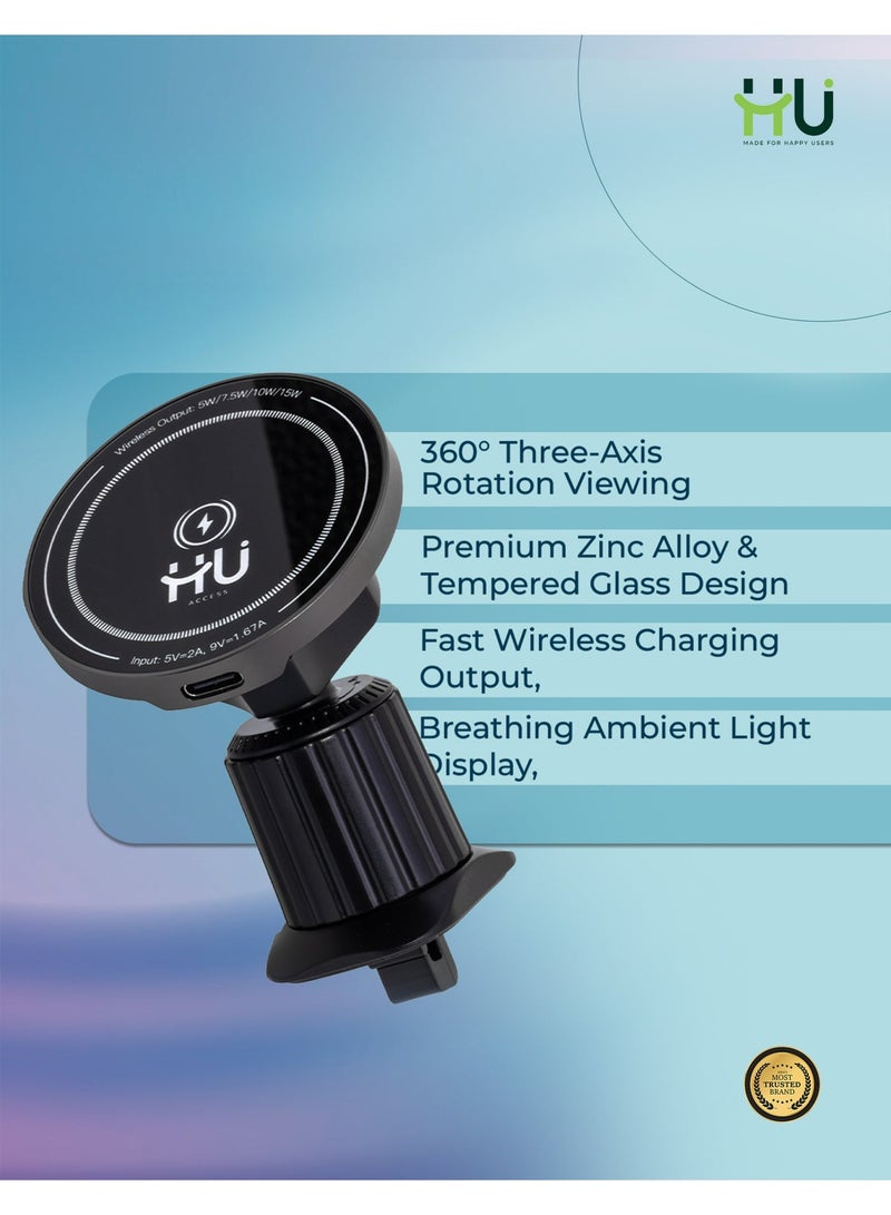 H U Magnetic Wireless Car Charger Phone Holder, 15W Fast Charging, Air Vent & Dashboard Mount, 360° Rotation, N52 Magnets, Zinc Alloy - Image 5