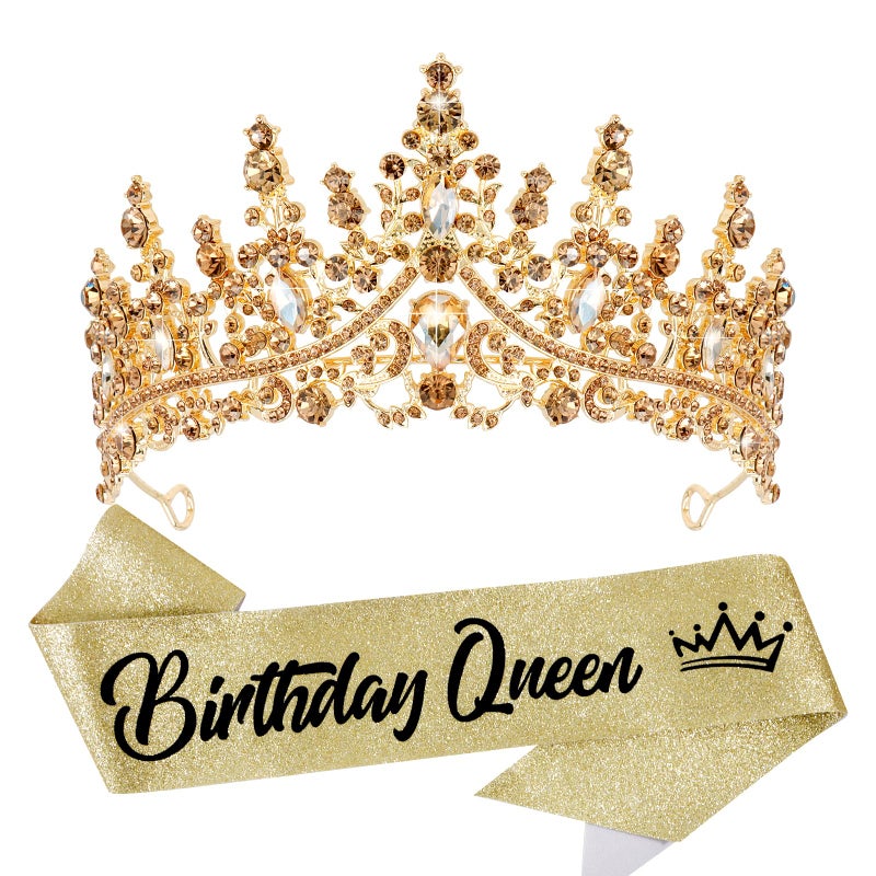 VELSCRUN Birthday Queen Tiara Crowns for Women Girls Gold Crystal Birthday Queen Headband Sash Elegant Princess Crown Happy Birth Party Decorations Mom Sisters Birth Gift Hair Accessories