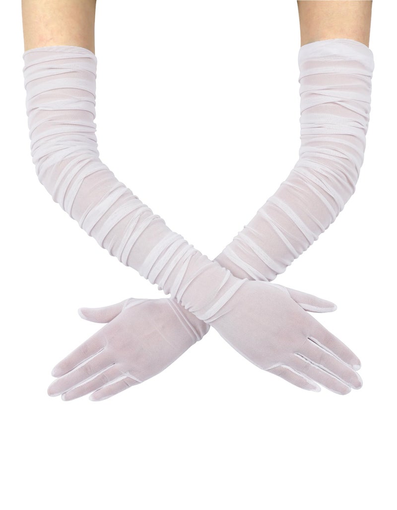 QRBTSCL Women's Stretchy Super Long Tulle Gloves Ruched Opera Mush Sheer Gloves for Evening Party White - Image 1