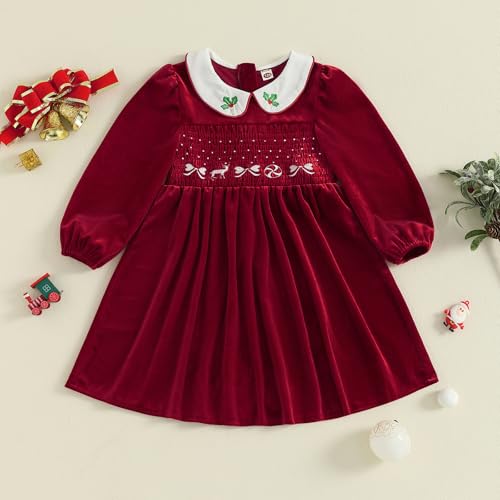 ZyHwShine Toddler Girl Christmas Outfit Long Sleeve Velvet Smocked Dress Cute Fall Winter Clothes Xmas Party Dresses 0-7Y (Red, 2-3 Years) - Image 5