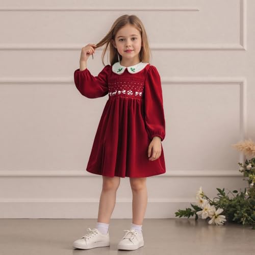 ZyHwShine Toddler Girl Christmas Outfit Long Sleeve Velvet Smocked Dress Cute Fall Winter Clothes Xmas Party Dresses 0-7Y (Red, 2-3 Years) - Image 4