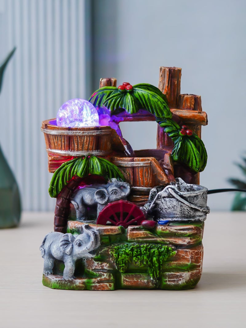 CHRONIKLE Polyresin Elephant Design Tabletop 3 Steps Indoor Water Fountain for Home with LED Light, Speed Controller Pump & Crystal Ball (Size: 17.5 x 12 x 24.5CM |Color: Multi | Weight: 1350 Gram) - Image 1