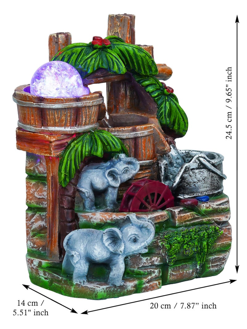 CHRONIKLE Polyresin Elephant Design Tabletop 3 Steps Indoor Water Fountain for Home with LED Light, Speed Controller Pump & Crystal Ball (Size: 17.5 x 12 x 24.5CM |Color: Multi | Weight: 1350 Gram) - Image 2