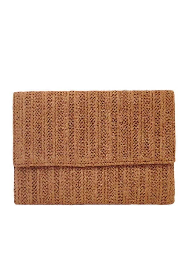 JNB Natural Straw Flat Clutch Medium - Magnetic Snap Closure, Card Pocket, 21" Crossbody Chain, Black Twill Lining, TAN - Image 1
