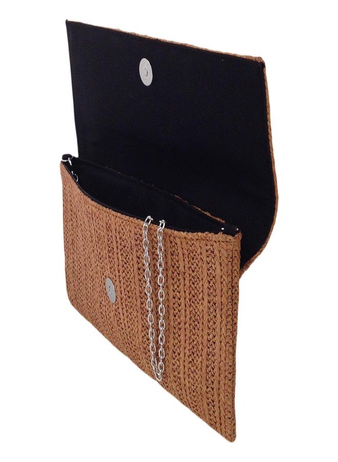 JNB Natural Straw Flat Clutch Medium - Magnetic Snap Closure, Card Pocket, 21" Crossbody Chain, Black Twill Lining, TAN - Image 5