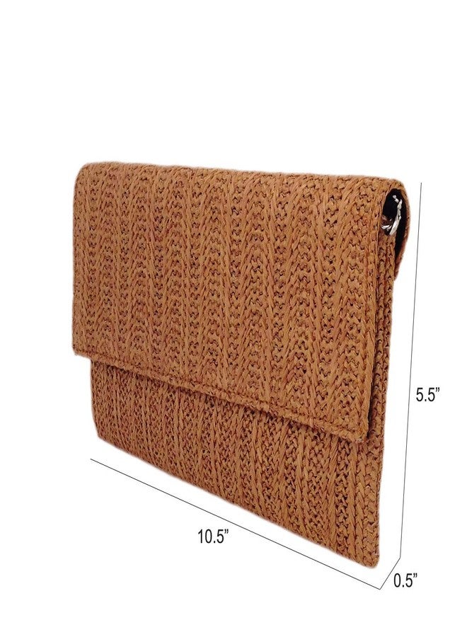 JNB Natural Straw Flat Clutch Medium - Magnetic Snap Closure, Card Pocket, 21" Crossbody Chain, Black Twill Lining, TAN - Image 3