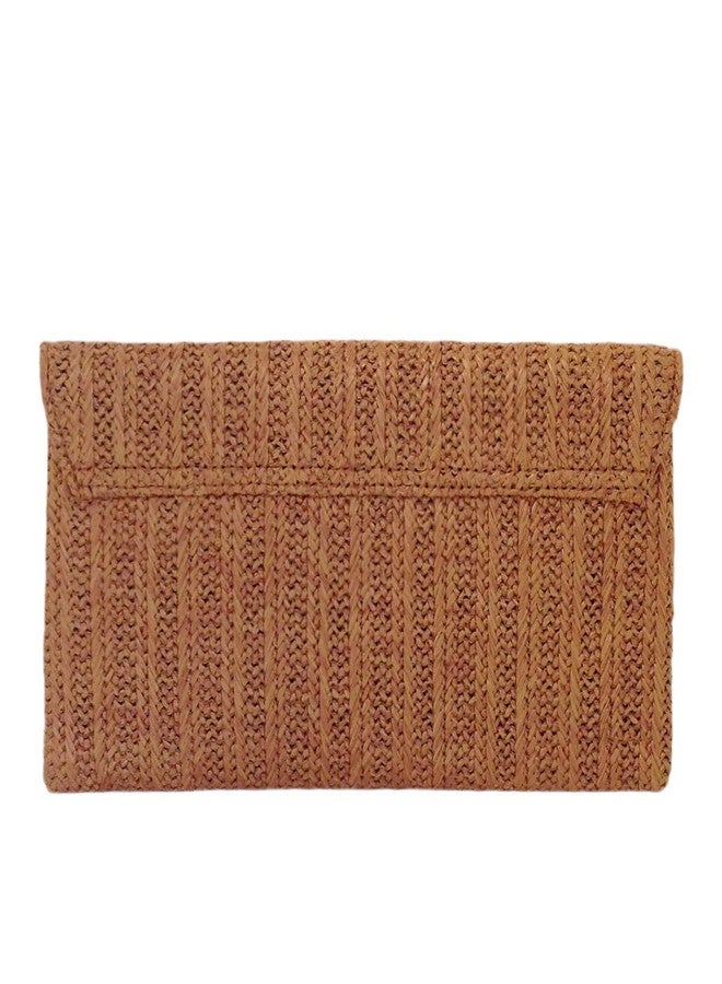 JNB Natural Straw Flat Clutch Medium - Magnetic Snap Closure, Card Pocket, 21" Crossbody Chain, Black Twill Lining, TAN - Image 2