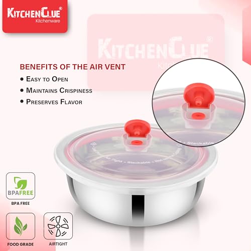 KITCHEN CLUE Stainless Steel Vacuum Air-Tight Storage Box/Containers Set of 2Pcs - 500Ml & 1000Ml Capacity - Highly Durable & Unbreakable Steel Fridge Container/Puri Dabba/Flat Canisters,Silver - Image 4