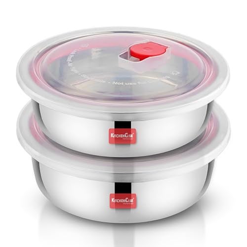 KITCHEN CLUE Stainless Steel Vacuum Air-Tight Storage Box/Containers Set of 2Pcs - 500Ml & 1000Ml Capacity - Highly Durable & Unbreakable Steel Fridge Container/Puri Dabba/Flat Canisters,Silver - Image 3