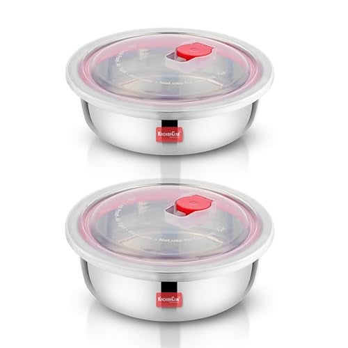 KITCHEN CLUE Stainless Steel Vacuum Air-Tight Storage Box/Containers Set of 2Pcs - 500Ml & 1000Ml Capacity - Highly Durable & Unbreakable Steel Fridge Container/Puri Dabba/Flat Canisters,Silver - Image 1