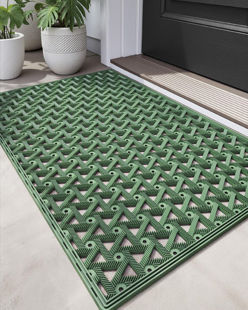 DEXI Front Door Mat Outside Entrance Rubber 19x30, Welcome Floor Doormat Heavy Duty Non Slip, Dirt Trapper Waterproof Exterior Entry Mats All Weather for Patio Entryway Drainage, Green - Image 1