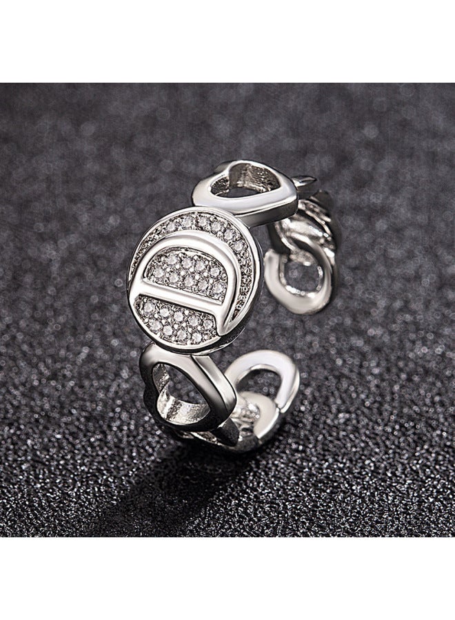 New Light Luxury Copper Inlaid Zircon 18k Real Gold Heart Smooth Letter Adjustable Ring Versatile Personality Ring