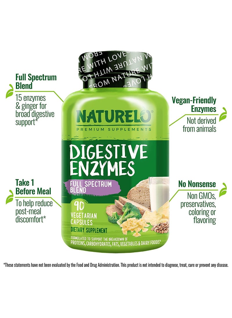 NATURELO - Digestive Enzymes Full Spectrum Blend 90 Vegan Capsules Dietary Supplement Formulated TO SUppert The Breakdown of Proteins,Carbohydrates,Fats,Vegetables & Dairy Foods - Image 1