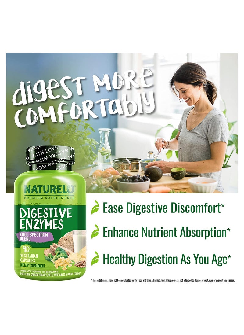 NATURELO - Digestive Enzymes Full Spectrum Blend 90 Vegan Capsules Dietary Supplement Formulated TO SUppert The Breakdown of Proteins,Carbohydrates,Fats,Vegetables & Dairy Foods - Image 1