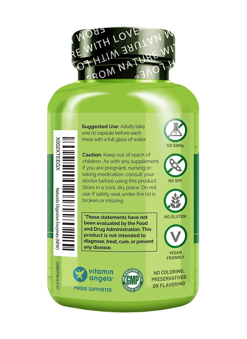 NATURELO - Digestive Enzymes Full Spectrum Blend 90 Vegan Capsules Dietary Supplement Formulated TO SUppert The Breakdown of Proteins,Carbohydrates,Fats,Vegetables & Dairy Foods - Image 1