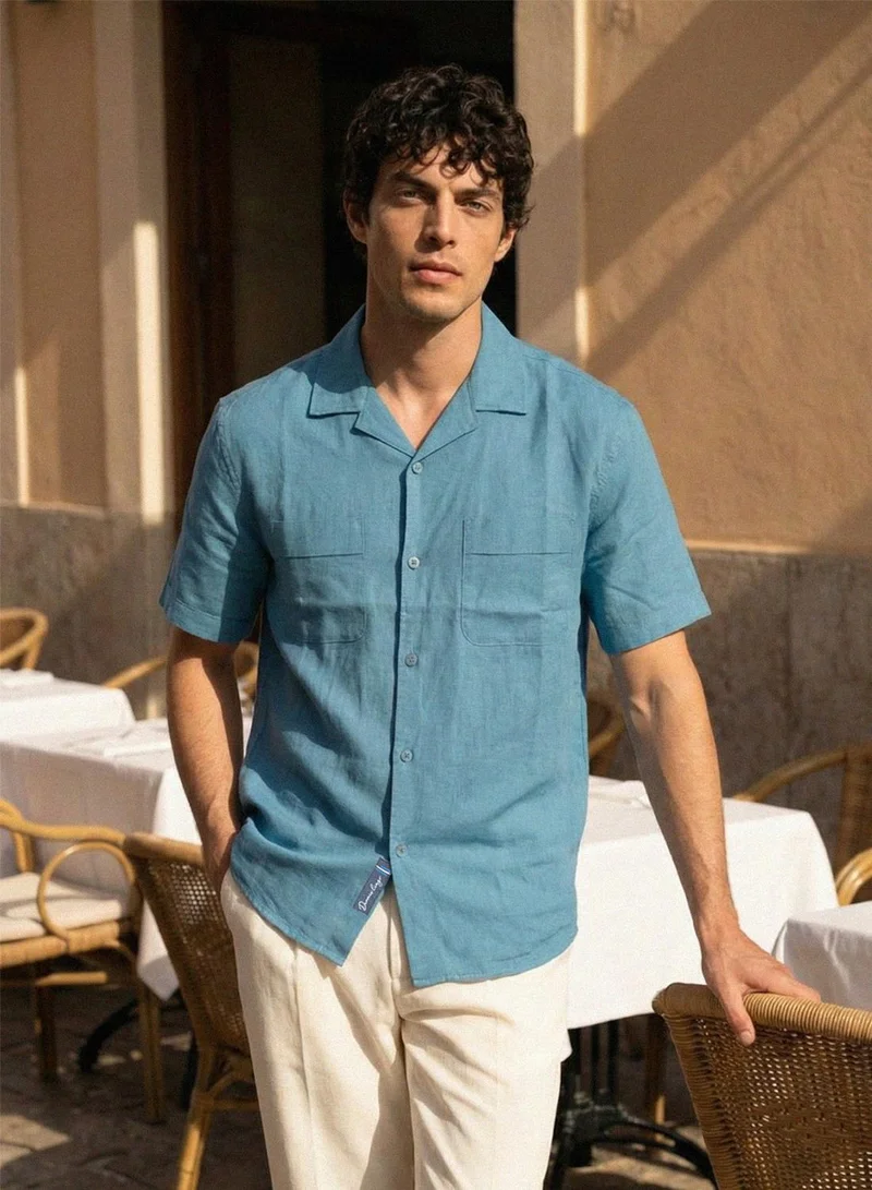 دينيس لينغو Teal 100% Cotton Solid Button Down Relaxed Shirt For Men