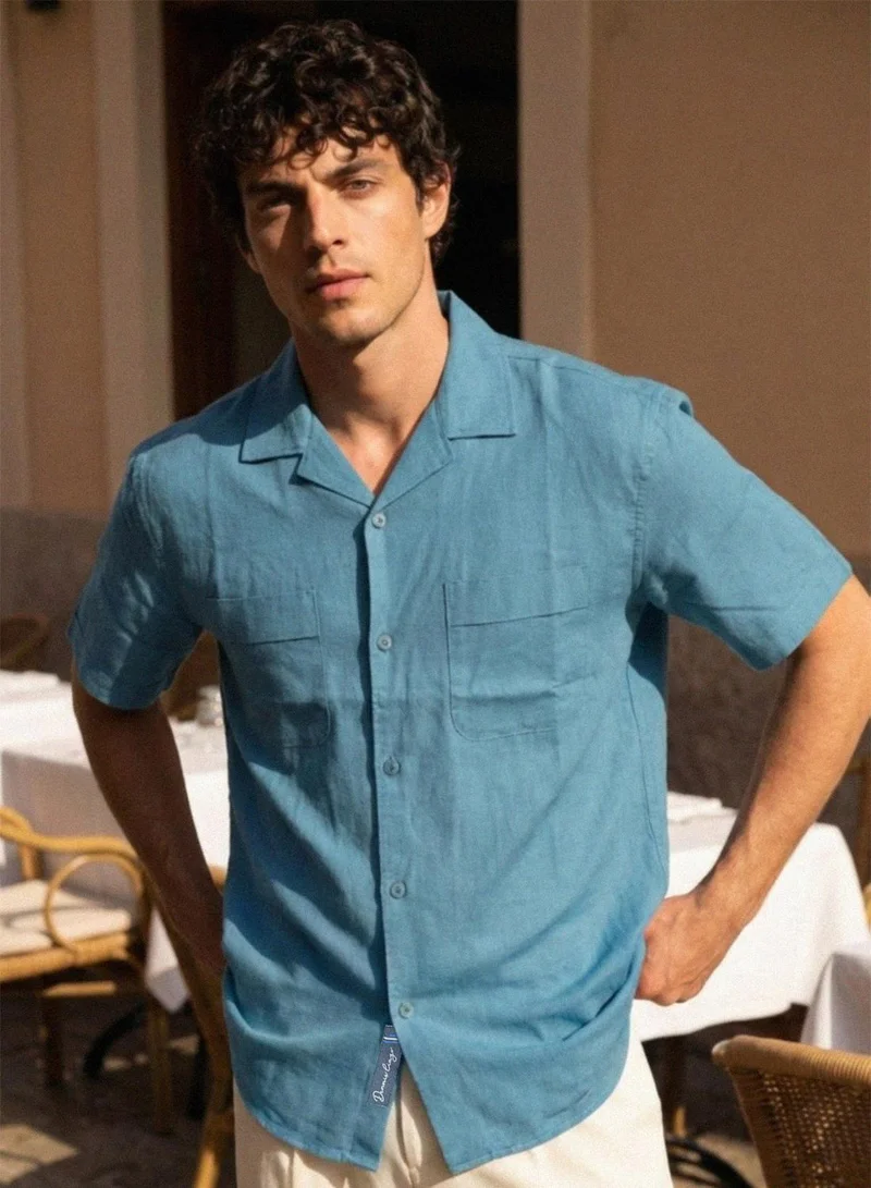 دينيس لينغو Teal 100% Cotton Solid Button Down Relaxed Shirt For Men